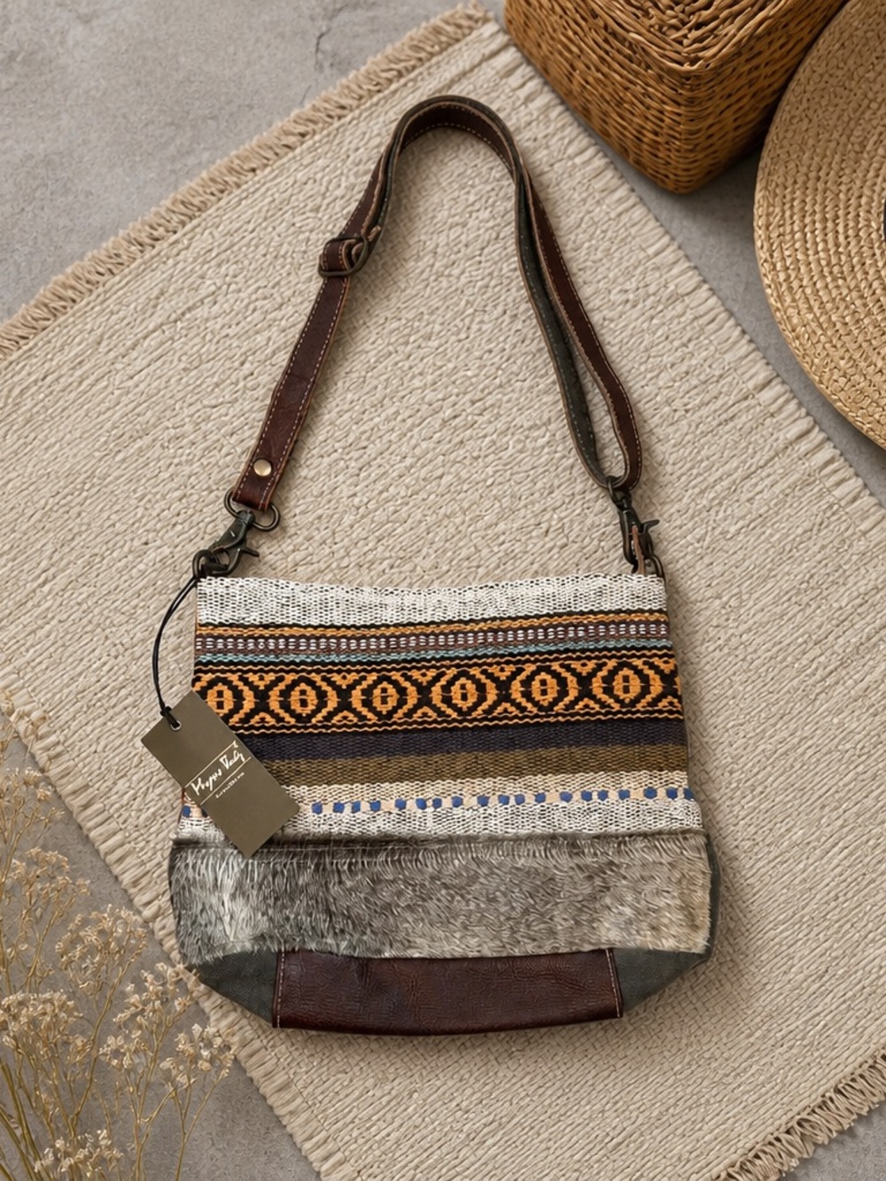 Myra Stripe Crossbody Bag with Fur Trim - Brown & Orange